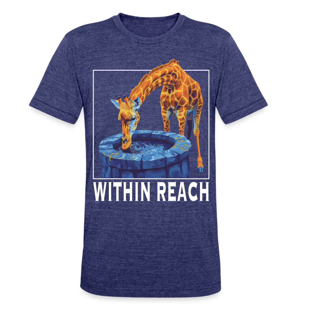 "Within Reach" Inspirational Giraffe Drinking From Wishing Well Unisex Tri-Blend T-Shirt - heather indigo