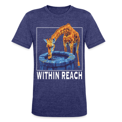 "Within Reach" Inspirational Giraffe Drinking From Wishing Well Unisex Tri-Blend T-Shirt - heather indigo