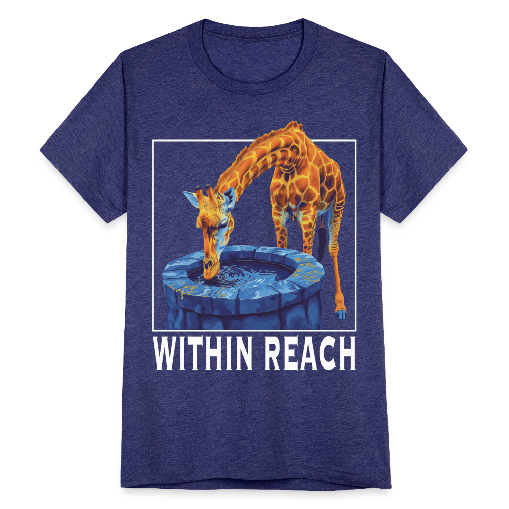 "Within Reach" Inspirational Giraffe Drinking From Wishing Well Unisex Tri-Blend T-Shirt - heather indigo