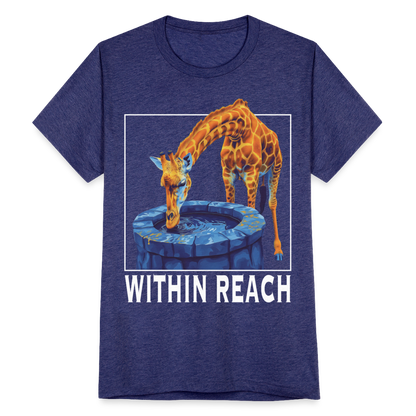 "Within Reach" Inspirational Giraffe Drinking From Wishing Well Unisex Tri-Blend T-Shirt - heather indigo