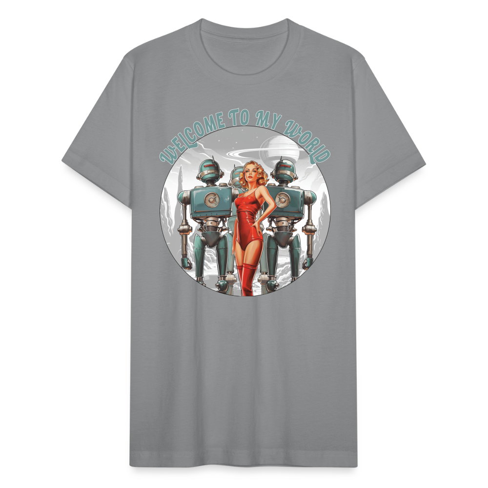 "Welcome to My World" Pinup Girl Robot Army Unisex Jersey T-Shirt - slate