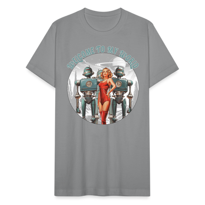 "Welcome to My World" Pinup Girl Robot Army Unisex Jersey T-Shirt - slate