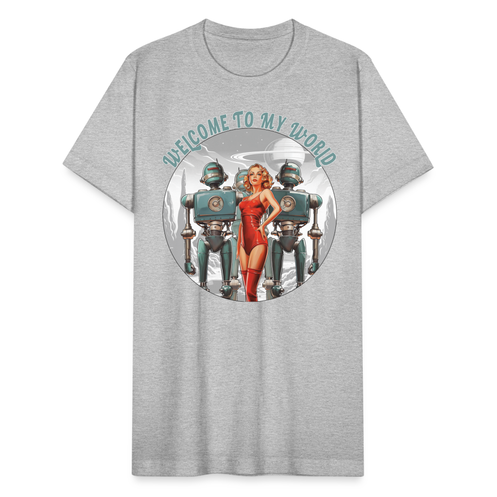 "Welcome to My World" Pinup Girl Robot Army Unisex Jersey T-Shirt - heather gray