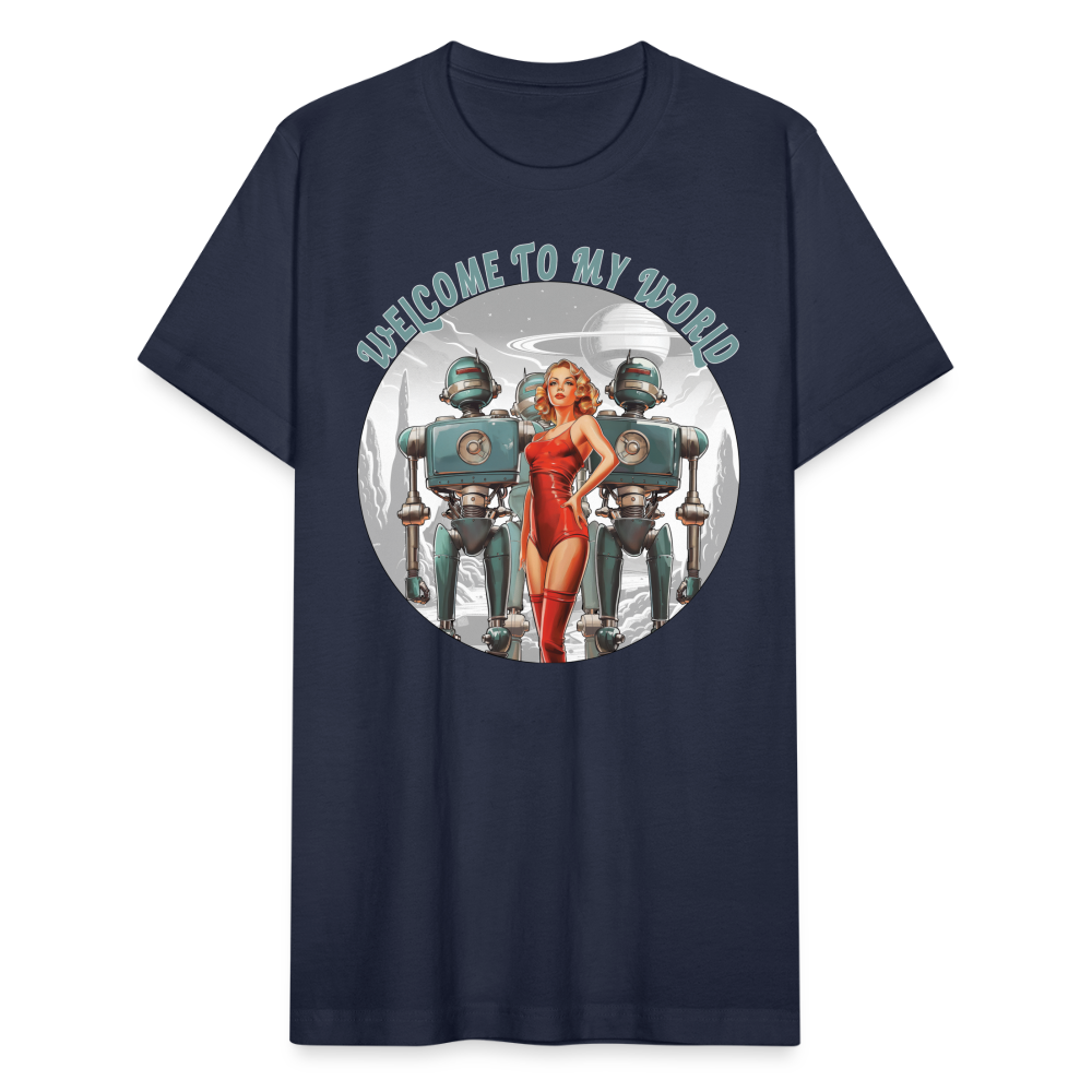 "Welcome to My World" Pinup Girl Robot Army Unisex Jersey T-Shirt - navy