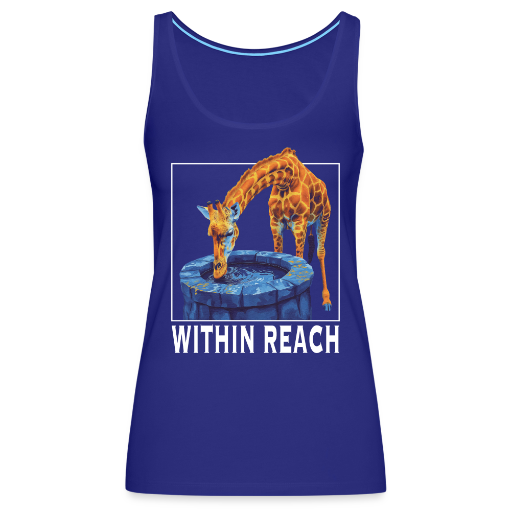 "Within Reach" Inspirational Giraffe Drinking From Wishing Well Women's Premium Tank Top - royal blue