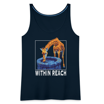 "Within Reach" Inspirational Giraffe Drinking From Wishing Well Women's Premium Tank Top - deep navy