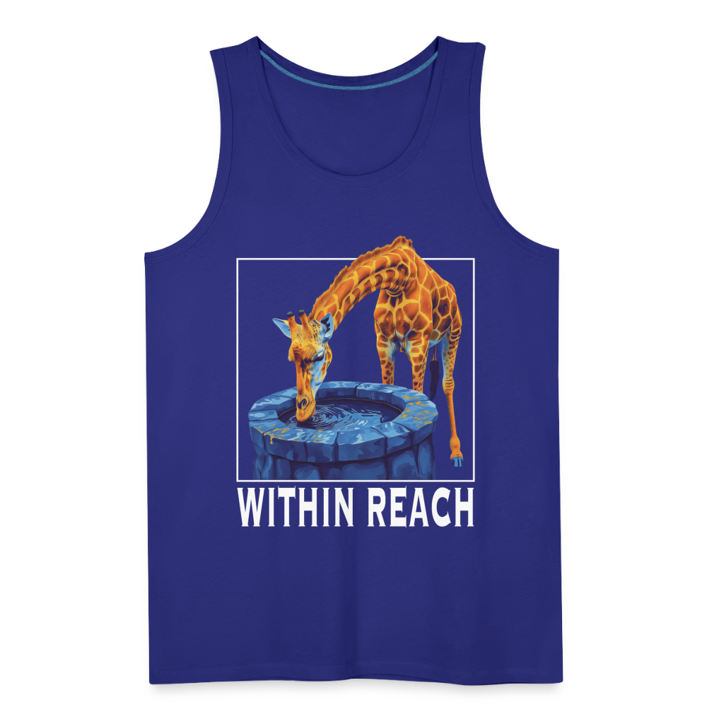 "Within Reach" Inspirational Giraffe Drinking From Wishing Well Men's Premium Tank Top - royal blue