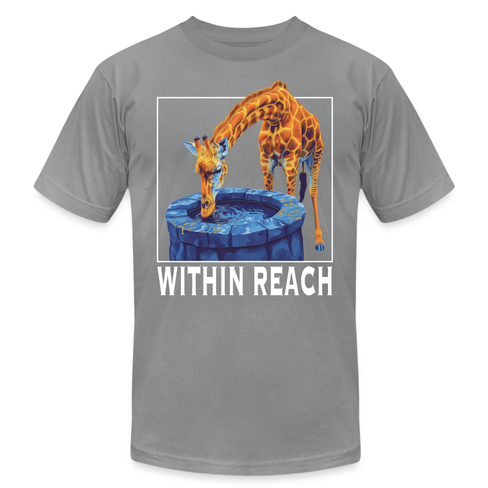 "Within Reach" Inspirational Giraffe Drinking From Wishing Well Unisex Jersey T-Shirt - slate