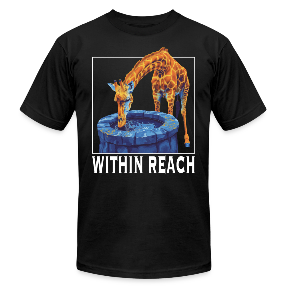 "Within Reach" Inspirational Giraffe Drinking From Wishing Well Unisex Jersey T-Shirt - black