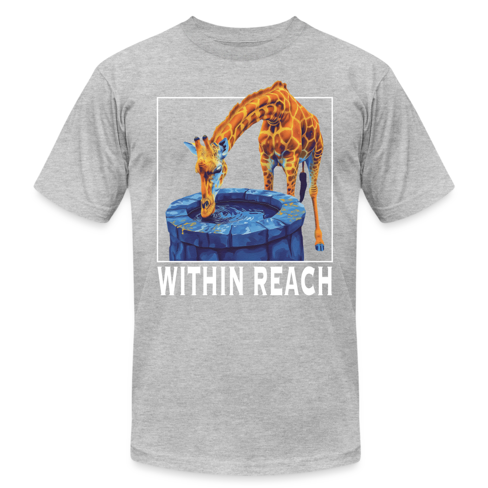 "Within Reach" Inspirational Giraffe Drinking From Wishing Well Unisex Jersey T-Shirt - heather gray