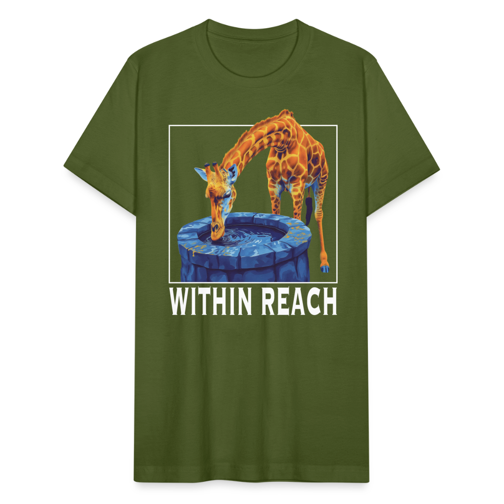 "Within Reach" Inspirational Giraffe Drinking From Wishing Well Unisex Jersey T-Shirt - olive