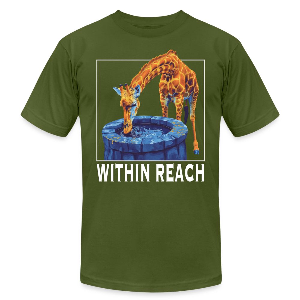 "Within Reach" Inspirational Giraffe Drinking From Wishing Well Unisex Jersey T-Shirt - olive