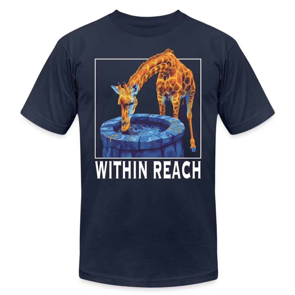 "Within Reach" Inspirational Giraffe Drinking From Wishing Well Unisex Jersey T-Shirt - navy