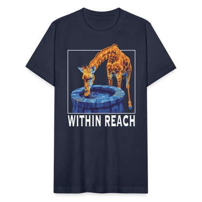 "Within Reach" Inspirational Giraffe Drinking From Wishing Well Unisex Jersey T-Shirt - navy