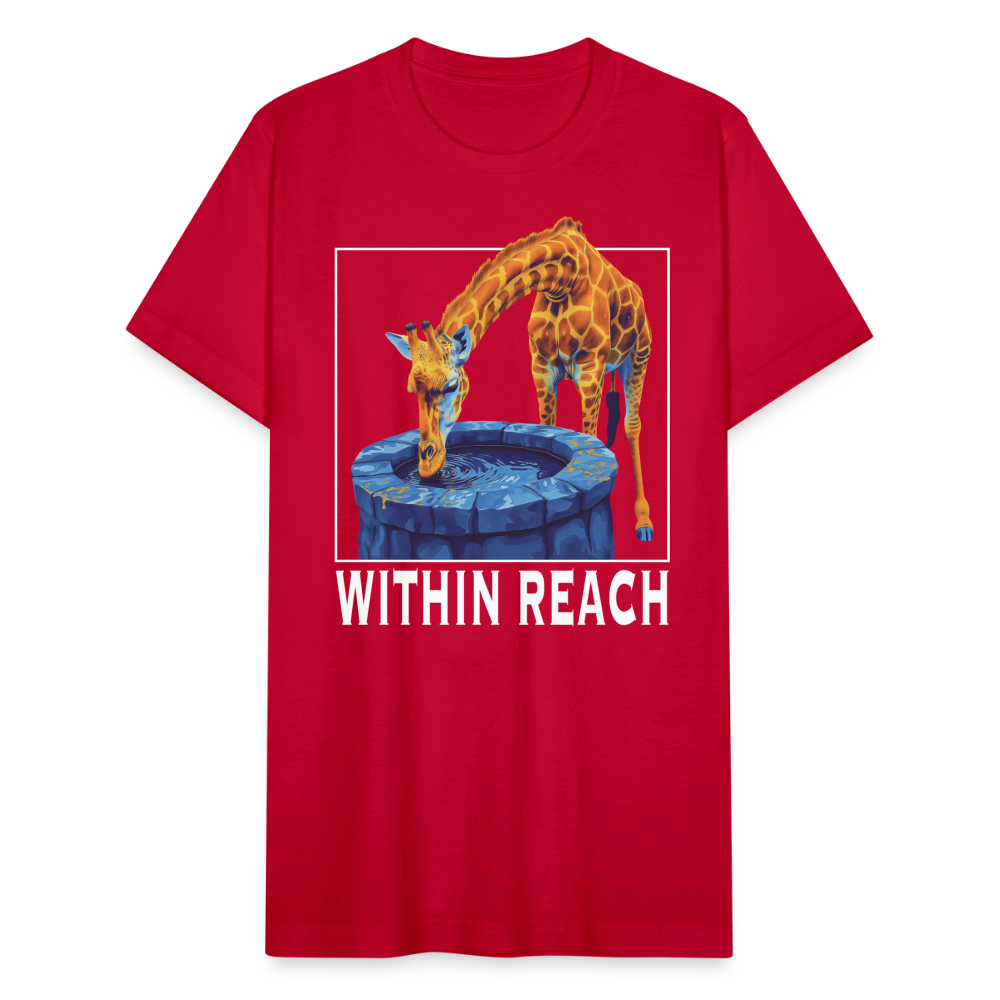 "Within Reach" Inspirational Giraffe Drinking From Wishing Well Unisex Jersey T-Shirt - red