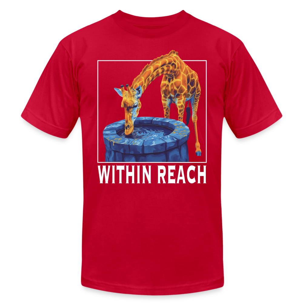 "Within Reach" Inspirational Giraffe Drinking From Wishing Well Unisex Jersey T-Shirt - red