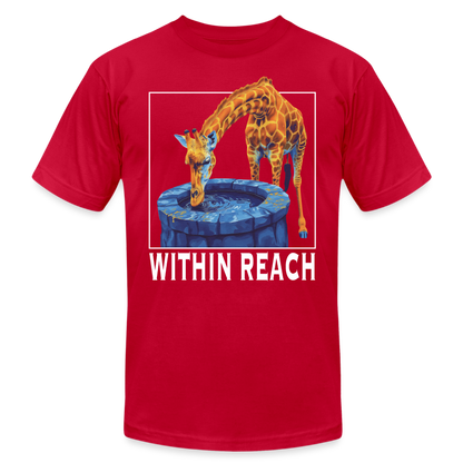 "Within Reach" Inspirational Giraffe Drinking From Wishing Well Unisex Jersey T-Shirt - red