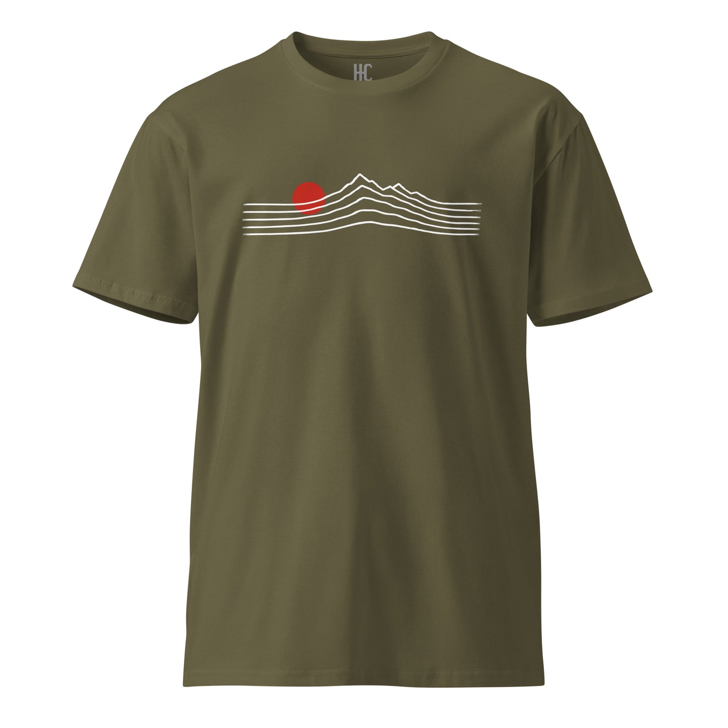 Alpenglow premium tee in Army, front view