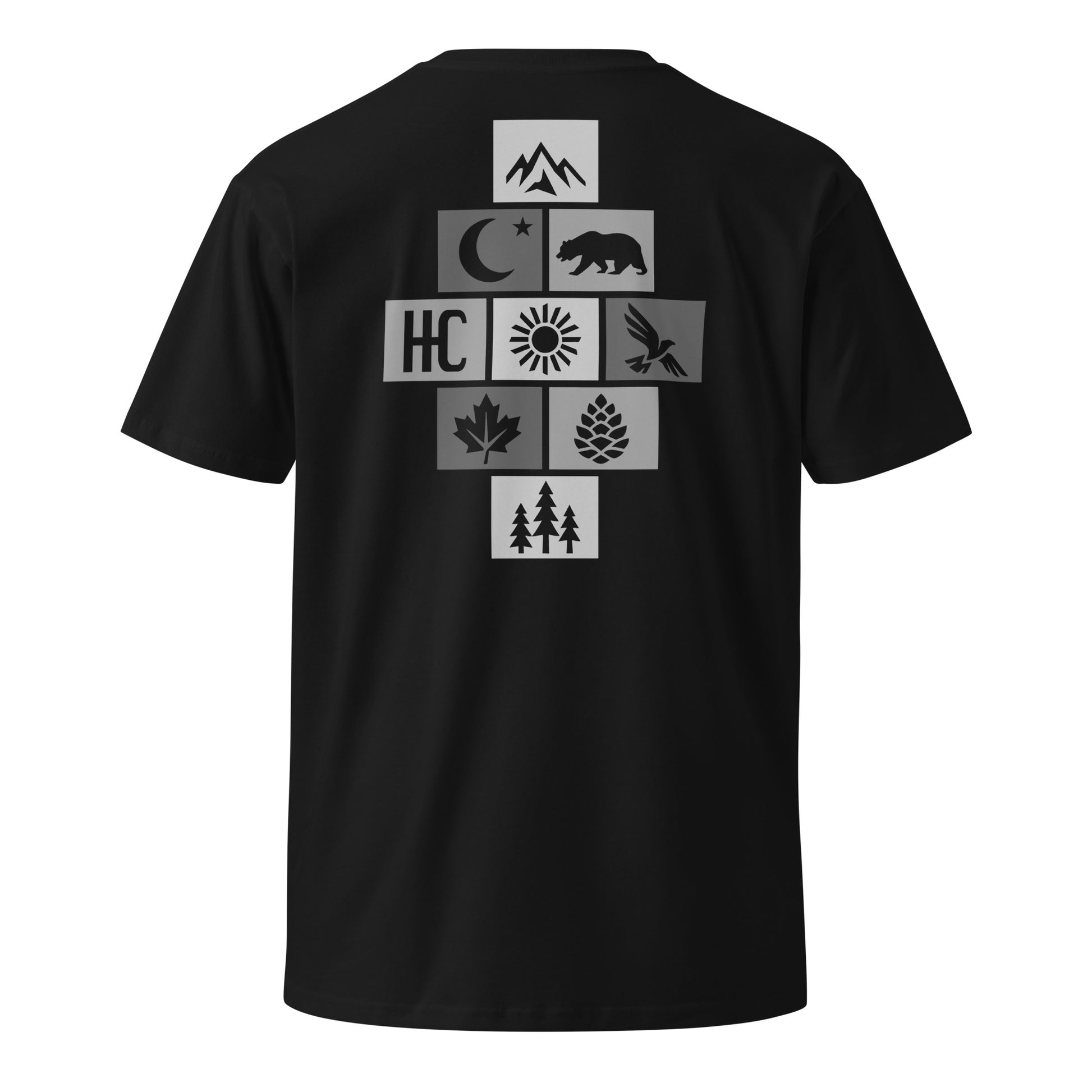 Mountain Form Premium Tee — Black, back icon cross