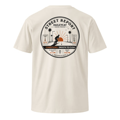 Street Report Premium Tee — Bone, back badge print