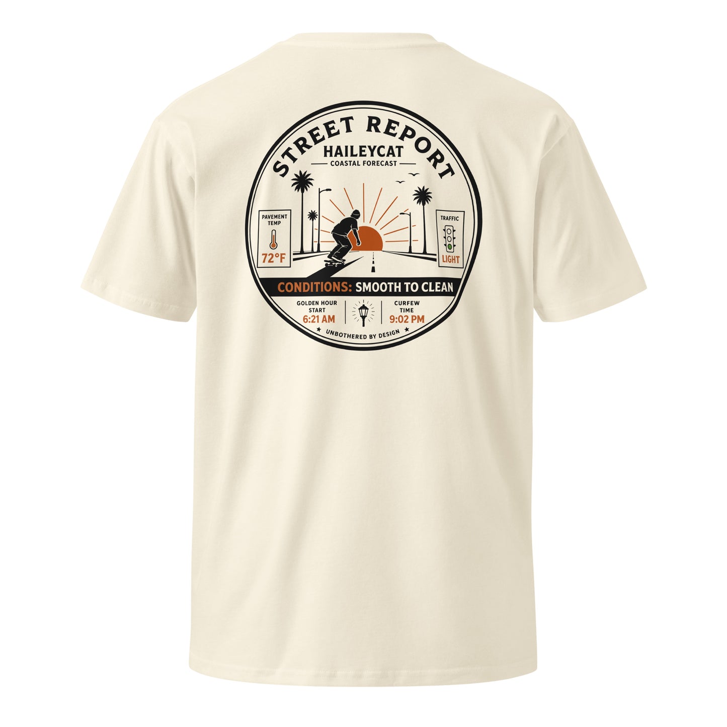 Street Report Premium Tee — Natural, back badge print
