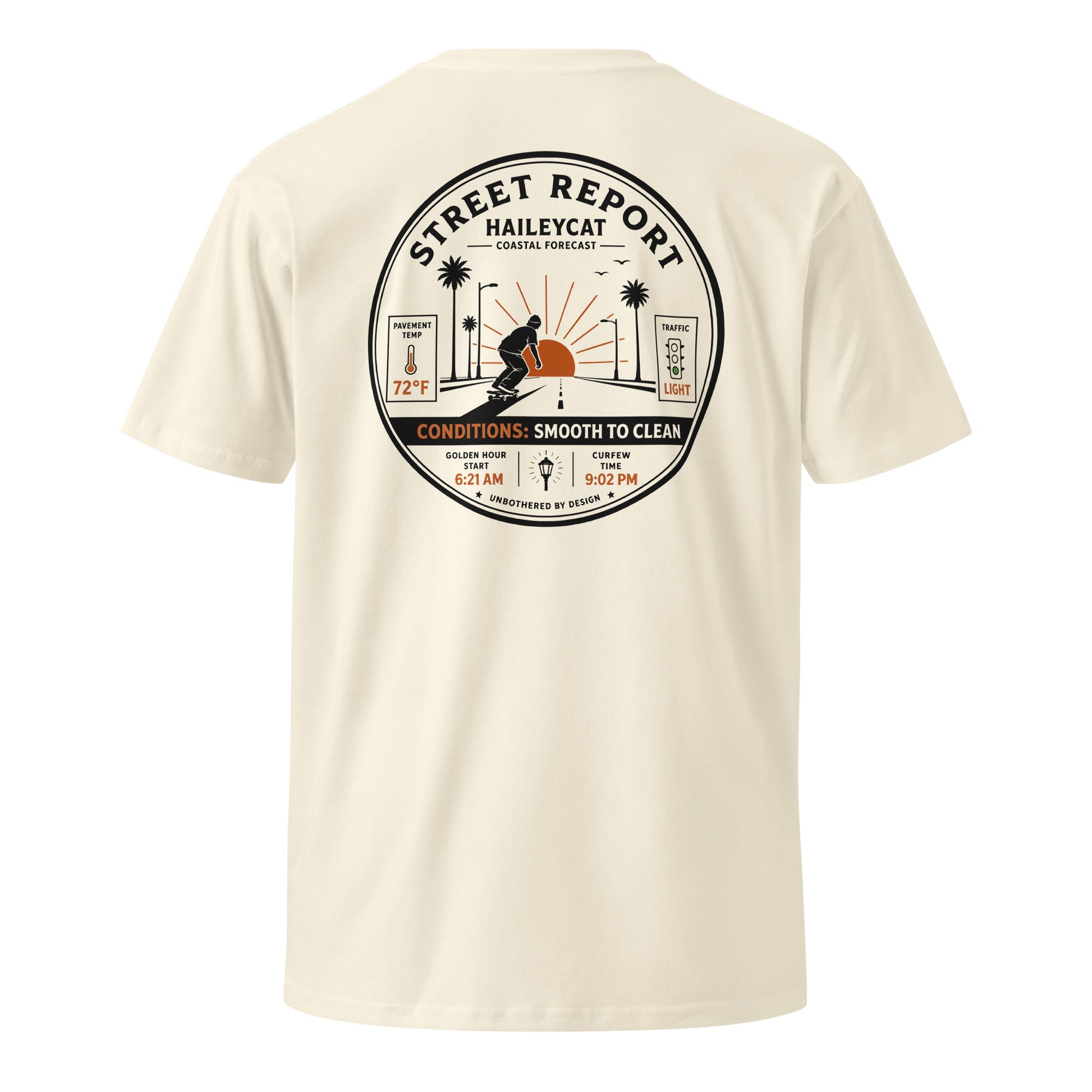 Street Report Premium Tee — Natural, back badge print