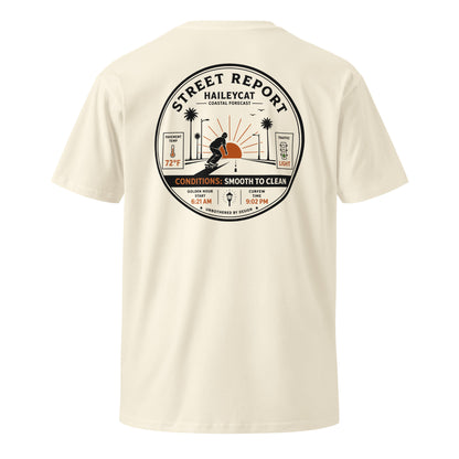 Street Report Premium Tee — Natural, back badge print