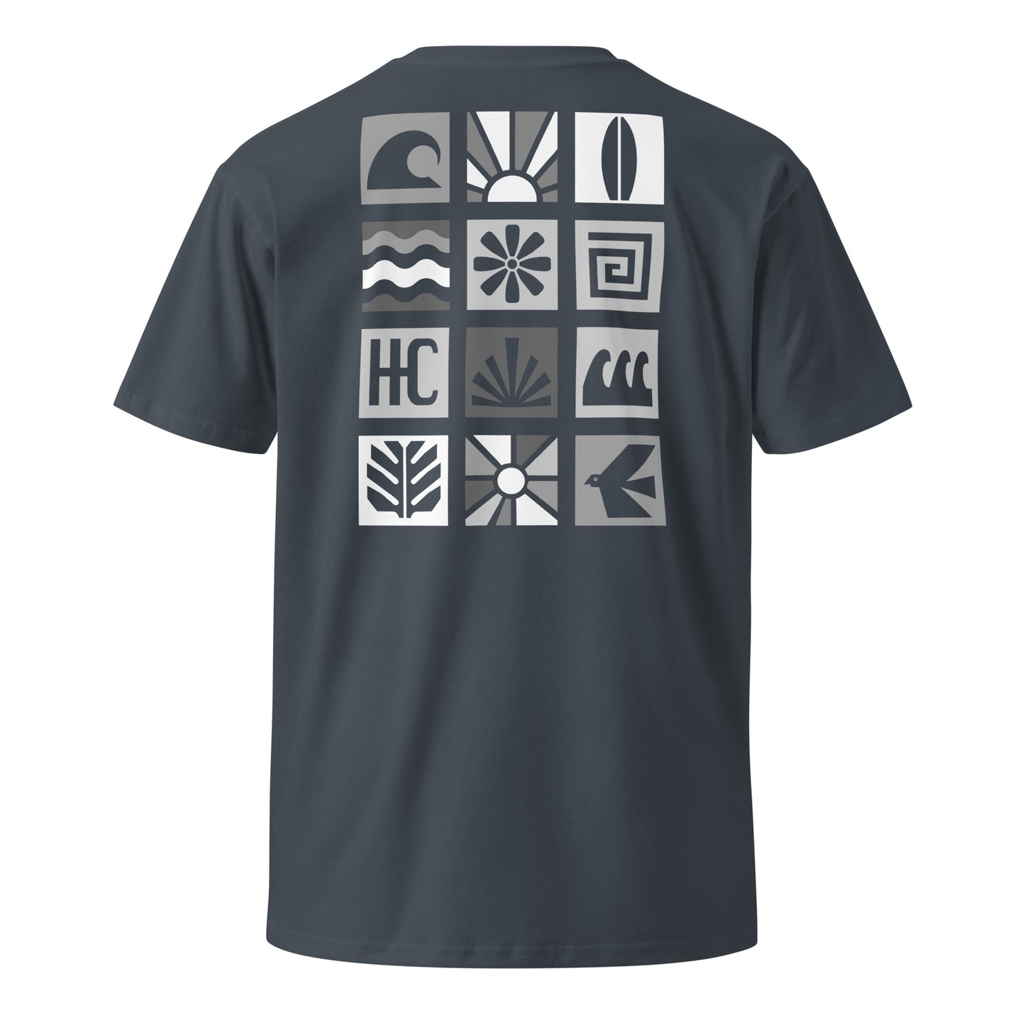 Pacific Forms Premium Tee — Petrol Blue, back icon grid