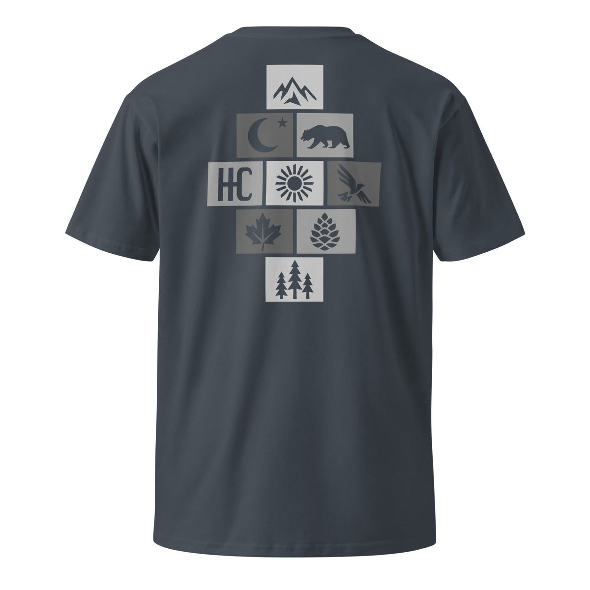 Mountain Form Premium Tee — Petrol Blue, back icon cross