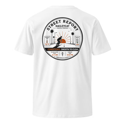 Street Report Premium Tee — White, back badge print